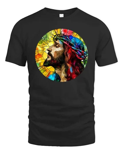 Stained Glass Jesus Crown of Thorns Faith Art T Shirt - black t-shirt on white background