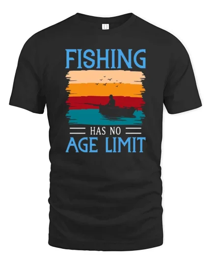 Fishing Has No Age Limit Vintage Sunset Graphic T Shirt - black t-shirt on white background
