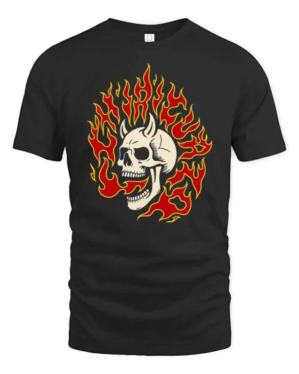 Vintage Burning Skull Flame Retro Graphic T Shirt - black t-shirt on white background