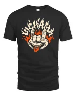 Flame Hand Rock Gesture Retro Edgy Graphic T Shirt - black t-shirt on white background