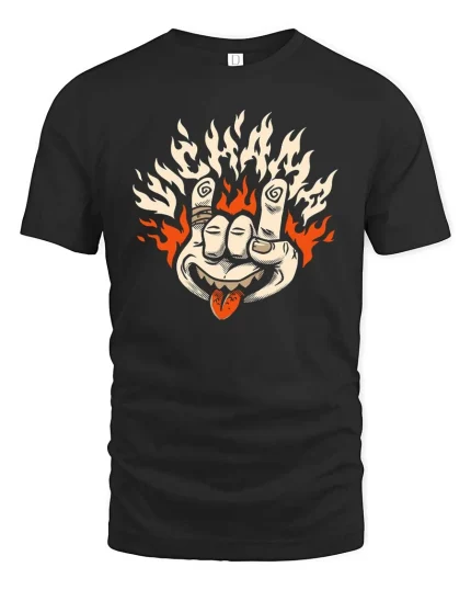 Flame Hand Rock Gesture Retro Edgy Graphic T Shirt - black t-shirt on white background