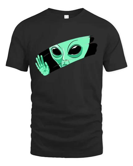 Peeking Alien Funny UFO Extraterrestrial Graphic T Shirt - black t-shirt on white background