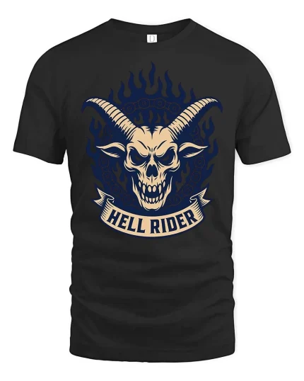 Hell Rider Skull Horns Gothic Biker Graphic T Shirt - black t-shirt on white background