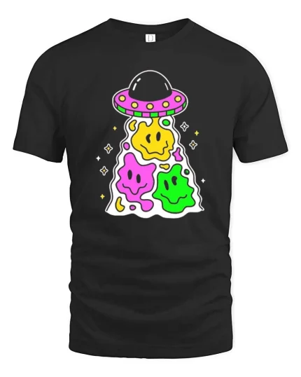 Cute UFO Smiley Alien Kawaii Cartoon Graphic T Shirt - black t-shirt on white background