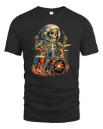 Skeleton Astronaut Drummer Fire Rock Music Graphic T Shirt - black t-shirt on white background