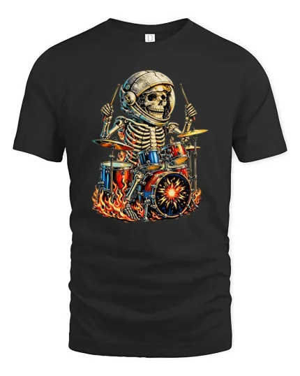 Skeleton Astronaut Drummer Fire Rock Music Graphic T Shirt - black t-shirt on white background