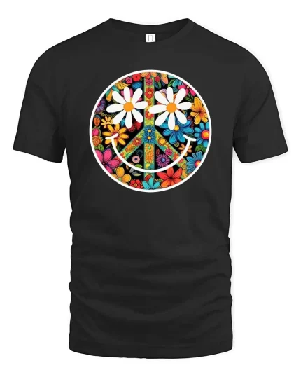 Floral Peace Smile Retro Hippie Aesthetic Graphic T Shirt - black t-shirt on white background