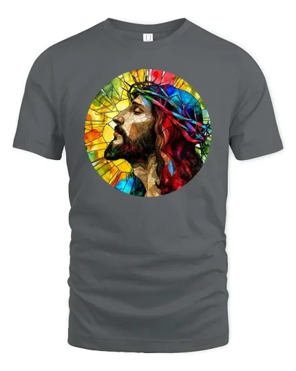 Stained Glass Jesus Crown of Thorns Faith Art T Shirt - gray t-shirt on white background