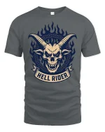 Hell Rider Skull Horns Gothic Biker Graphic T Shirt - gray t-shirt on white background