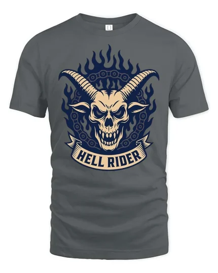 Hell Rider Skull Horns Gothic Biker Graphic T Shirt - gray t-shirt on white background