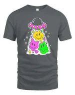 Cute UFO Smiley Alien Kawaii Cartoon Graphic T Shirt - gray t-shirt on white background