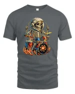 Skeleton Astronaut Drummer Fire Rock Music Graphic T Shirt - gray t-shirt on white background