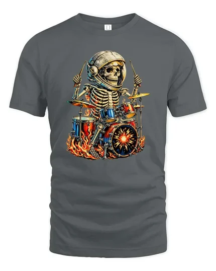 Skeleton Astronaut Drummer Fire Rock Music Graphic T Shirt - gray t-shirt on white background