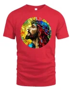 Stained Glass Jesus Crown of Thorns Faith Art T Shirt - red t-shirt on white background