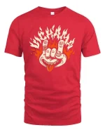 Flame Hand Rock Gesture Retro Edgy Graphic T Shirt - red t-shirt on white background