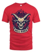 Hell Rider Skull Horns Gothic Biker Graphic T Shirt - red t-shirt on white background