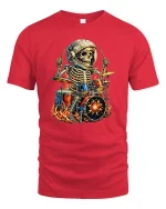 Skeleton Astronaut Drummer Fire Rock Music Graphic T Shirt - red t-shirt on white background