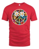 Floral Peace Smile Retro Hippie Aesthetic Graphic T Shirt - red t-shirt on white background