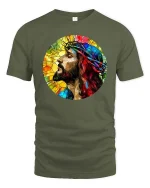 Stained Glass Jesus Crown of Thorns Faith Art T Shirt - military green t-shirt on white background