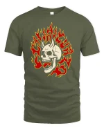Vintage Burning Skull Flame Retro Graphic T Shirt - military green t-shirt on white background