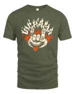 Flame Hand Rock Gesture Retro Edgy Graphic T Shirt - military green t-shirt on white background