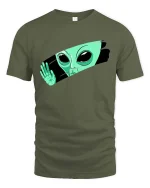 Peeking Alien Funny UFO Extraterrestrial Graphic T Shirt - military green t-shirt on white background