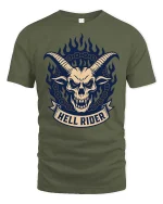 Hell Rider Skull Horns Gothic Biker Graphic T Shirt - military green t-shirt on white background