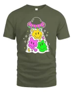 Cute UFO Smiley Alien Kawaii Cartoon Graphic T Shirt - military green t-shirt on white background