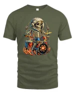 Skeleton Astronaut Drummer Fire Rock Music Graphic T Shirt - military green t-shirt on white background