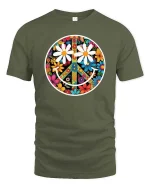 Floral Peace Smile Retro Hippie Aesthetic Graphic T Shirt - military green t-shirt on white background