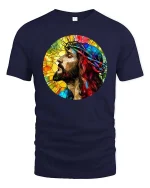 Stained Glass Jesus Crown of Thorns Faith Art T Shirt - navy t-shirt on white background