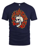 Vintage Burning Skull Flame Retro Graphic T Shirt - navy t-shirt on white background