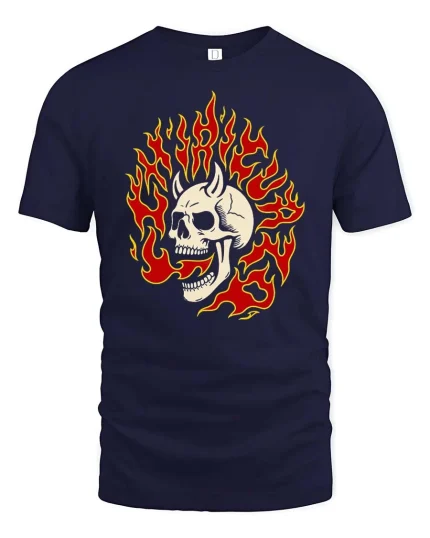 Vintage Burning Skull Flame Retro Graphic T Shirt - navy t-shirt on white background