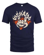 Flame Hand Rock Gesture Retro Edgy Graphic T Shirt - navy t-shirt on white background