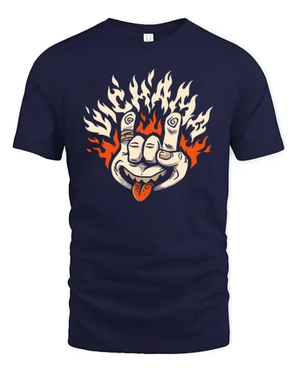 Flame Hand Rock Gesture Retro Edgy Graphic T Shirt - navy t-shirt on white background