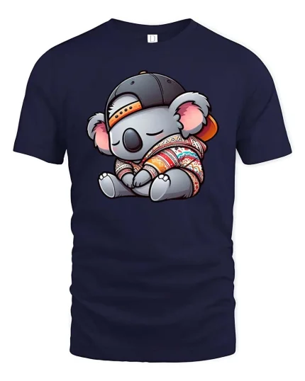 Cute Sleepy Koala Hoodie Cap Kawaii Graphic T Shirt - navy t-shirt on white background