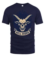 Hell Rider Skull Horns Gothic Biker Graphic T Shirt - navy t-shirt on white background