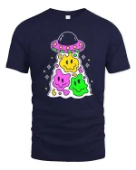 Cute UFO Smiley Alien Kawaii Cartoon Graphic T Shirt - navy t-shirt on white background