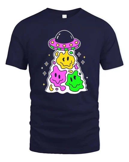 Cute UFO Smiley Alien Kawaii Cartoon Graphic T Shirt - navy t-shirt on white background