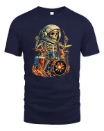 Skeleton Astronaut Drummer Fire Rock Music Graphic T Shirt - navy t-shirt on white background