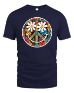 Floral Peace Smile Retro Hippie Aesthetic Graphic T Shirt - navy t-shirt on white background