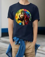 Stained Glass Jesus Crown of Thorns Faith Art T Shirt - model wearing navy tee with hands in pockets