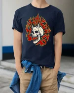 Vintage Burning Skull Flame Retro Graphic T Shirt - model wearing navy tee with hands in pockets