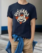 Flame Hand Rock Gesture Retro Edgy Graphic T Shirt - model wearing navy tee with hands in pockets