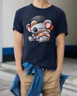 Cute Sleepy Koala Hoodie Cap Kawaii Graphic T Shirt - model wearing navy tee with hands in pockets