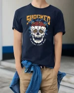 Shocked Skull Blowing Your Mind Retro Graphic T Shirt - model wearing navy tee with hands in pockets