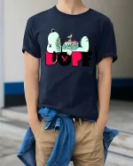 Zombie Dope Cartoon Street Art Edgy Graphic T Shirt - model wearing navy tee with hands in pockets