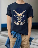 Hell Rider Skull Horns Gothic Biker Graphic T Shirt - model wearing navy tee with hands in pockets