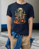Skeleton Astronaut Drummer Fire Rock Music Graphic T Shirt - model wearing navy tee with hands in pockets