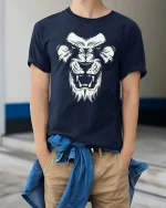 Fierce Lion Head Bold Wild Animal Graphic T Shirt - model wearing navy tee with hands in pockets